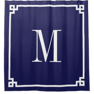 Navy and White Greek Key Border Monogram Shower Curtain
