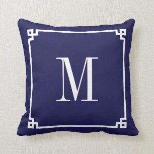 Navy and White Greek Key Border Monogrammed Cushion