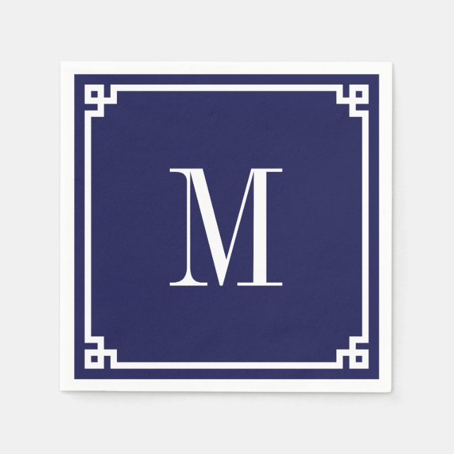 Navy and White Greek Key Border Monogrammed Napkin (Front)