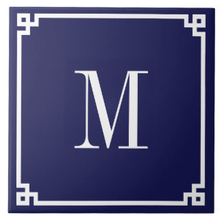 Navy and White Greek Key Border Monogrammed Tile