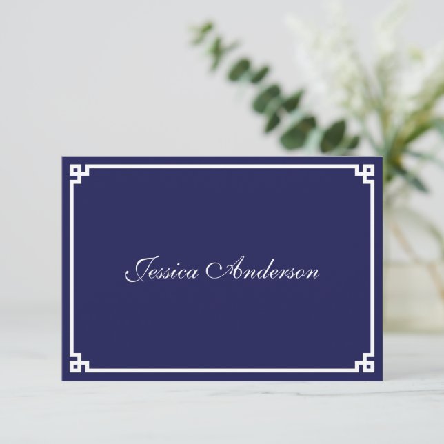 Navy and White Greek Key Border Wedding Place Card (Standing Front)