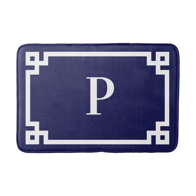 Navy and White Greek Key Frame Monogram Medium Bath Mat (Front)