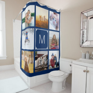 Navy and White Greek Key Monogram 8 Photo Collage Shower Curtain