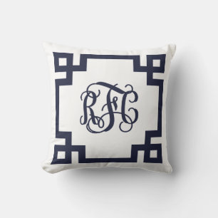 Navy and White Greek Key Script Monogram Cushion