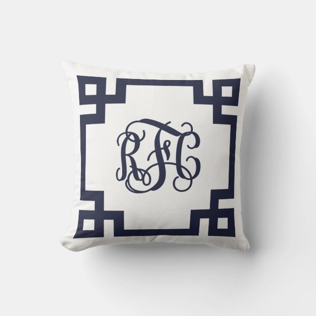 Navy and White Greek Key Script Monogram Cushion (Front)