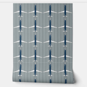 Navy and White Jet Pattern on Subtle Striped Grey  Wallpaper
