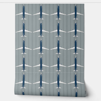 Navy and White Jet Pattern on Subtle Striped Grey Wallpaper