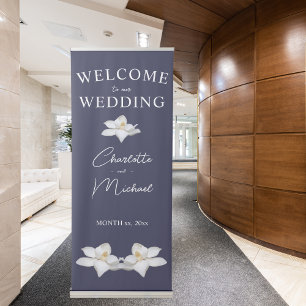 Navy and White Magnolia Elegant Wedding Reception Retractable Banner
