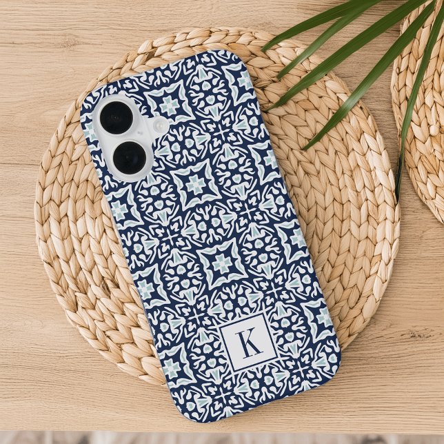 Navy and White Mediterranean Pattern Monogram iPhone 16 Case (Creator Uploaded)