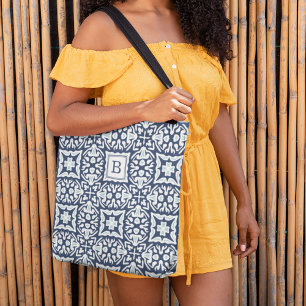 Navy and White Mediterranean Pattern Monogram Tote Bag