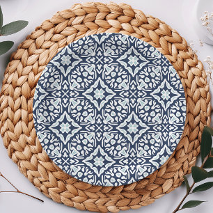 Navy and White Mediterranean Tile Pattern Paper Plate