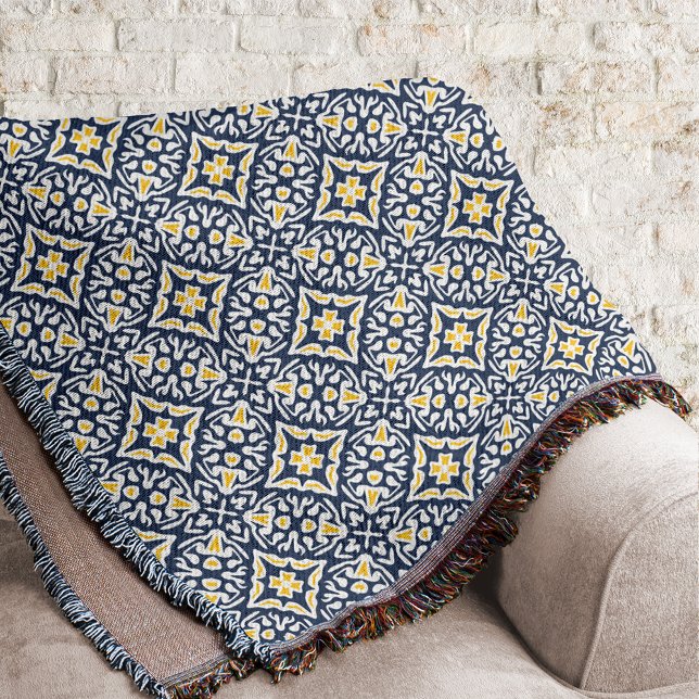 Navy and White Mediterranean Tile Pattern Throw Blanket (Creator Uploaded)