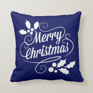 Navy and White Merry Christmas Script Typography Cushion