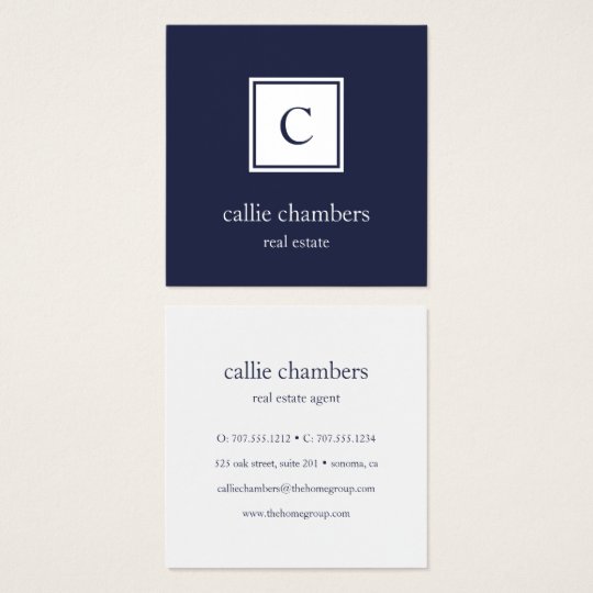 Navy and White Monogram Square Business Card