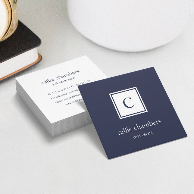 Navy and White Monogram Square Business Card (Creator Uploaded)