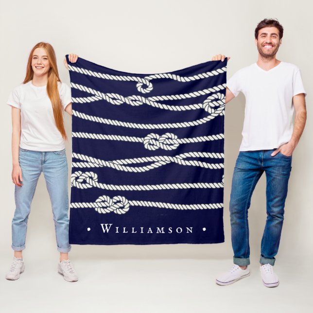 Navy and White Nautical Ropes Family Name Fleece Blanket (In Situ)