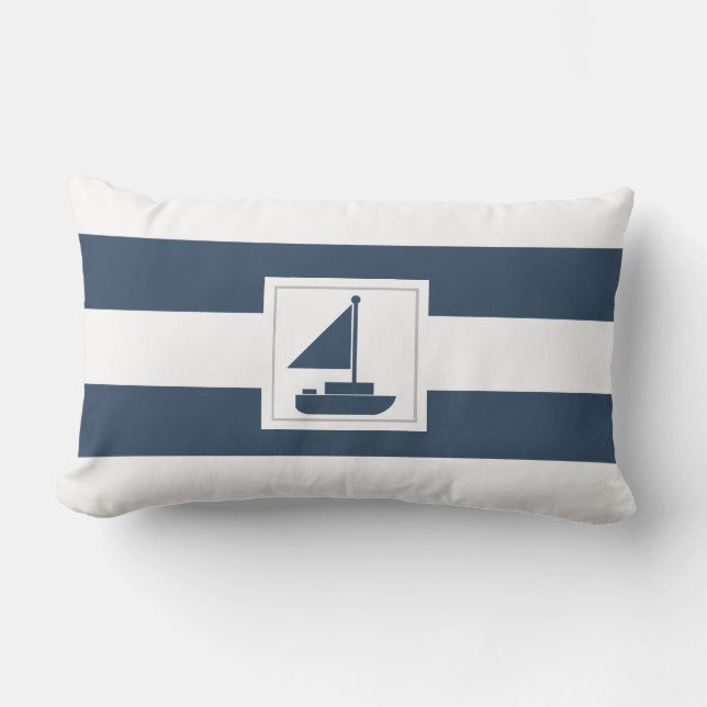 Navy and White Nautical Stripe with Sailboat Lumbar Cushion (Front)