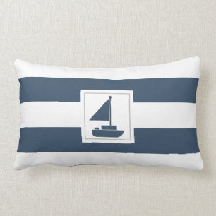 Navy and White Nautical Stripe with Sailboat Lumbar Cushion