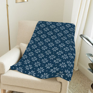 Navy and White Nordic Snowflake   Holiday Fleece Blanket