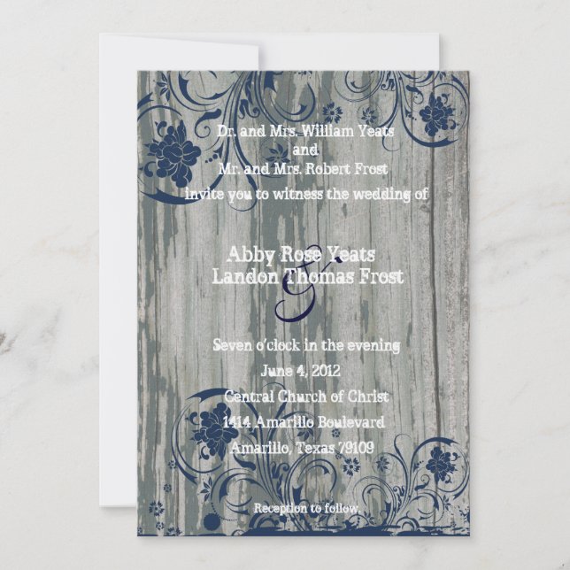 Navy and White Old Wood Wedding Invitation (Front)