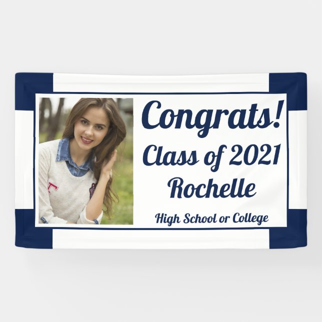 Navy and White One Photo Class Year Graduation Banner (Horizontal)