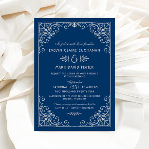 Navy and White Ornate Scroll Wedding Invitation