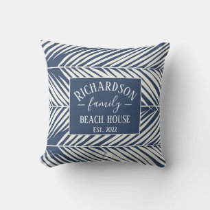 Navy and White Palm Leaves Beach House Cushion