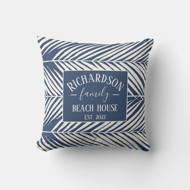 Navy and White Palm Leaves Beach House Cushion (Front)