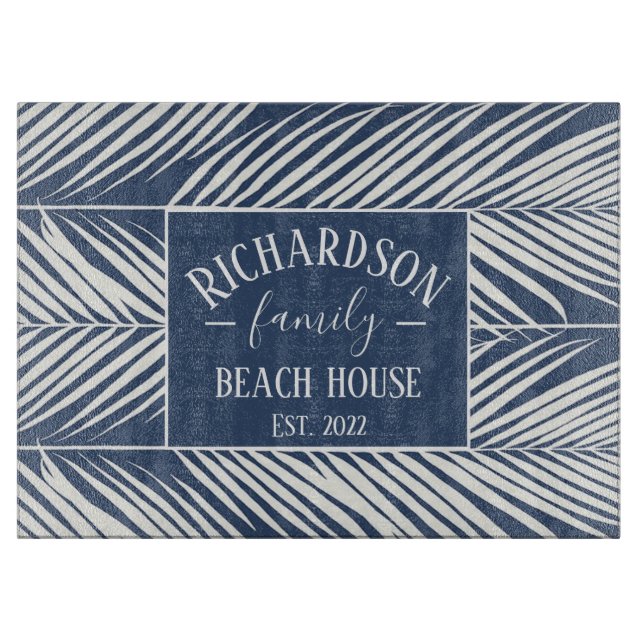 Navy and White Palm Leaves Beach House Cutting Board (Front)