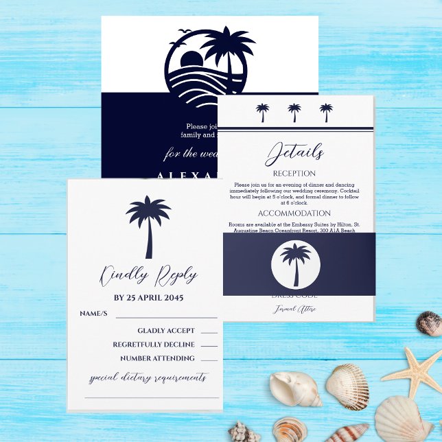 Navy and White Palm Tree Coastal Wedding   Invitation Belly Band (Creator Uploaded)