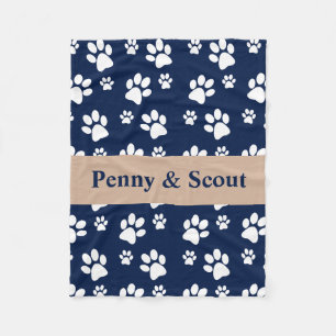 Navy and White Paw Print Blanket Add Dog Name