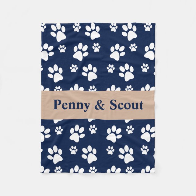 Navy and White Paw Print Blanket Add Dog Name (Front)