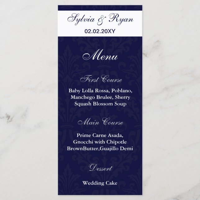 navy and white photo Wedding Menus (Front)