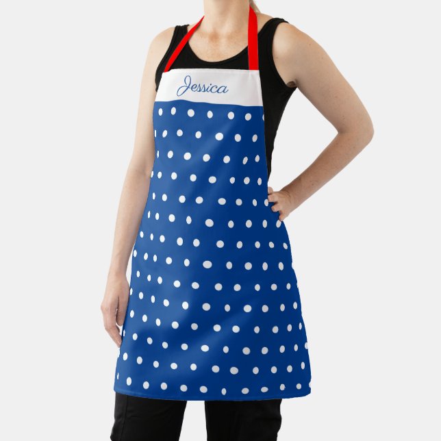 Navy and White Polka Dot Red Personalised Name Apron (Insitu)