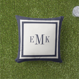 Navy and White Preppy Ribbon Dots Custom Monogram Outdoor Cushion