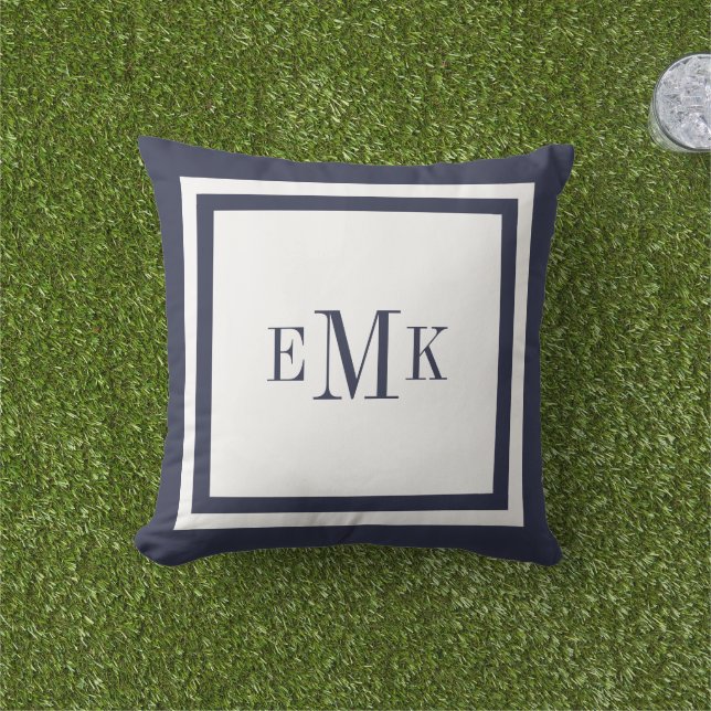 Navy and White Preppy Ribbon Dots Custom Monogram Outdoor Cushion (Grass)