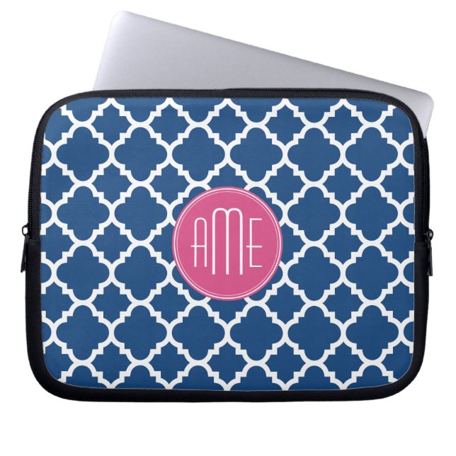 Navy and White Quatrefoil Pattern Custom Monogram Laptop Sleeve (Front)