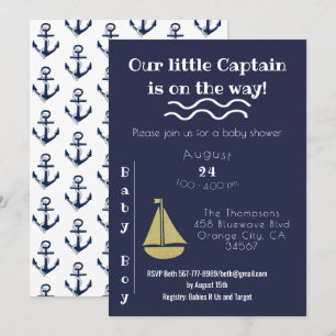 Navy and White Sailboat and Anchor Baby Boy Invitation