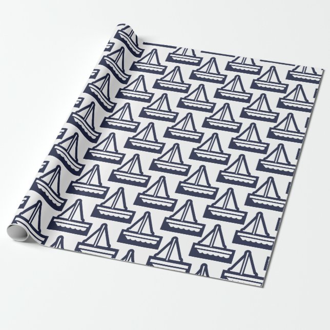 Navy and White Sailboat Wrapping Paper (Unrolled)