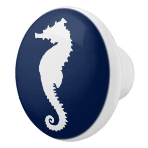 Navy and White Seahorse Coastal Nautical Ceramic K Knob
