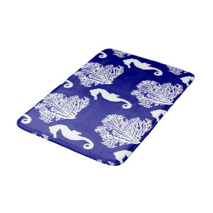 Navy And White Seahorse Coastal Pattern Bath Mat