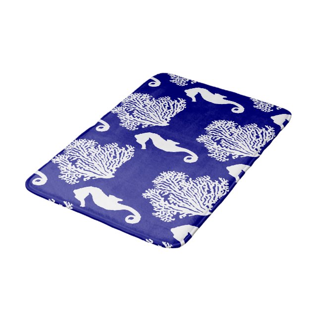 Navy And White Seahorse Coastal Pattern Bath Mat (Angled)