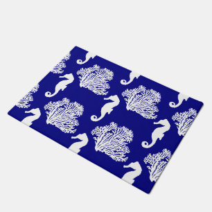 Navy And White Seahorse Coastal Pattern Doormat