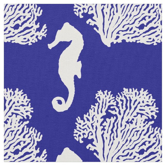 Navy And White Seahorse Coastal Pattern Fabric (Close Up)