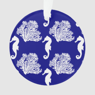 Navy And White Seahorse Coastal Pattern Ornament