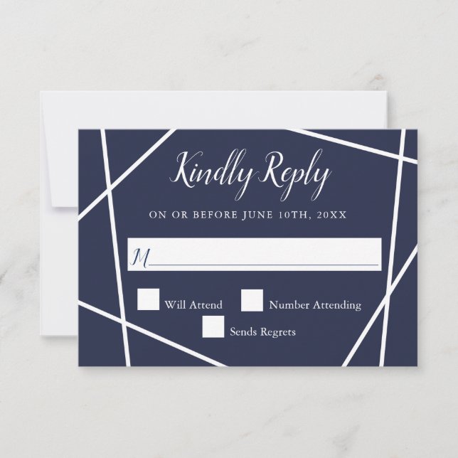 Navy and White Simple Geometric Wedding RSVP Card (Front)