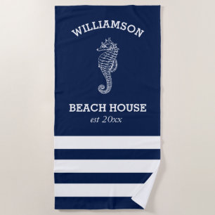 Navy and White Stripe Beach House   Seahorse Beach Towel