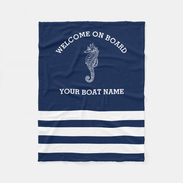 Navy and White Stripe Personalised | Boat Name Fleece Blanket (Front)