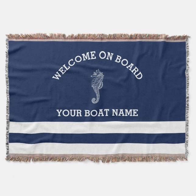 Navy and White Stripe Personalised | Boat Name Throw Blanket (Front)