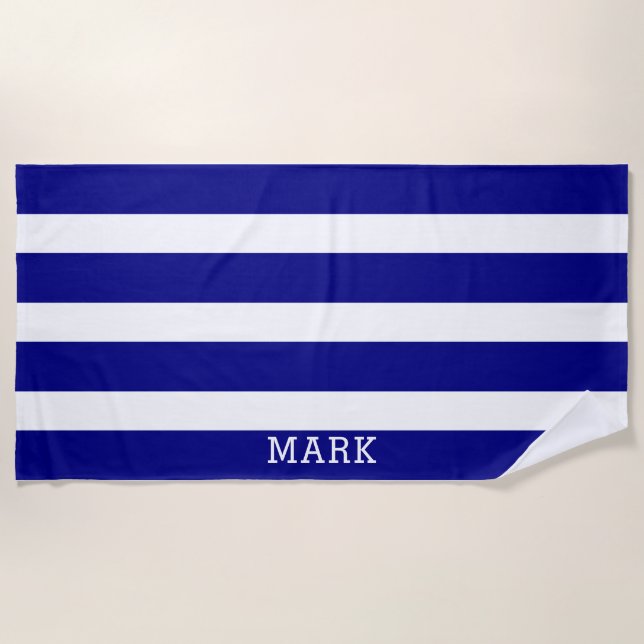 Navy And White Striped Name Cabana Stripe Beach Towel (Front)
